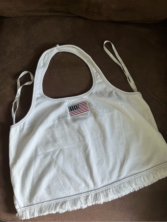 Q&A Tops - White Crop Tank Top with American Flag Patch and fringe…crop top halter